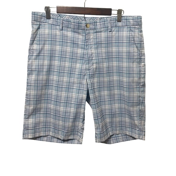 Greg Norman Mens Blue Grey Plaid Golf Shorts Size 36 Performance Flat Front - Picture 2 of 5